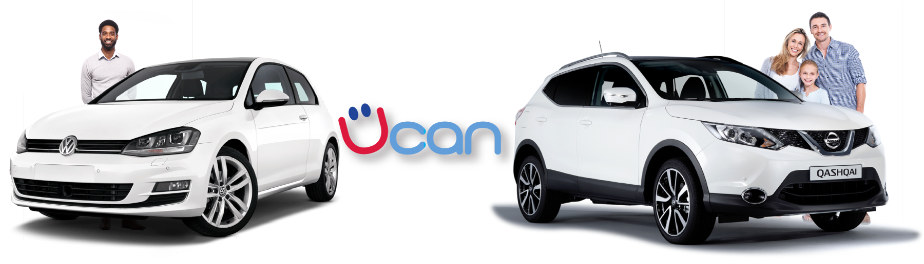 White car with man and white car with family of three with Ucan Car Credit logo in between